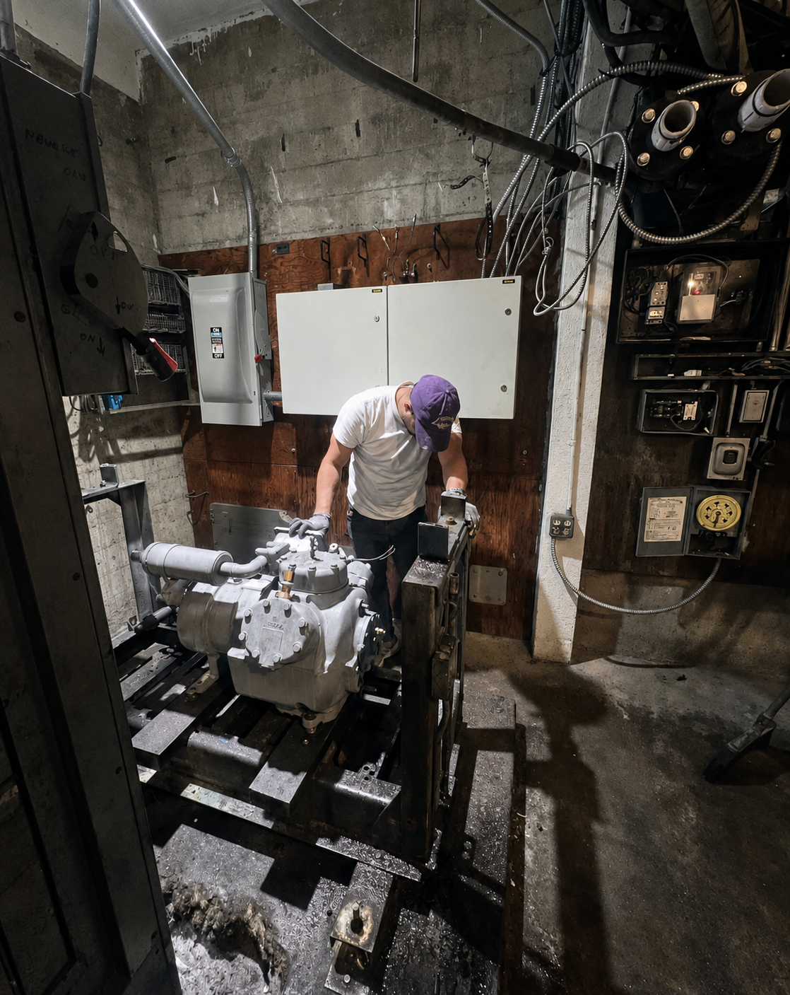 Technician servicing commercial mechanical-room compressor equipment